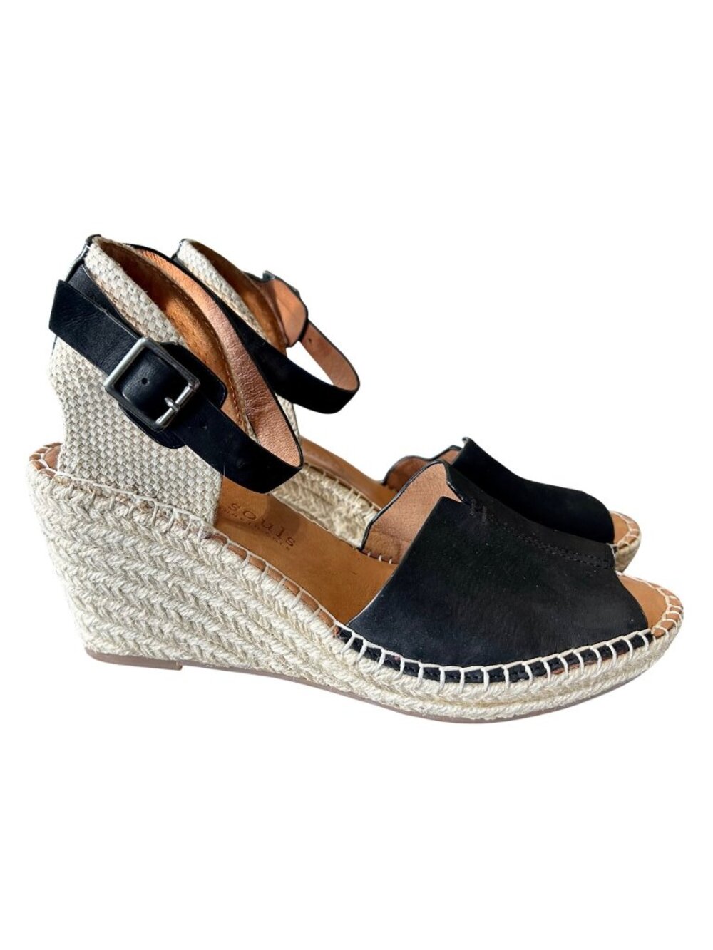 Gentle Souls Charli Espadrille Black Sandals ankle Buckle wedge vacation